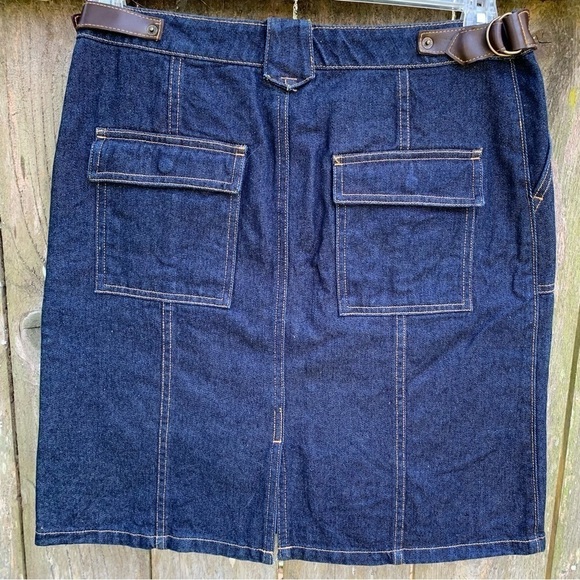 ROUTE 66 dark wash denim skirt leather trim adjustable waist summer fall winter - Picture 3 of 12